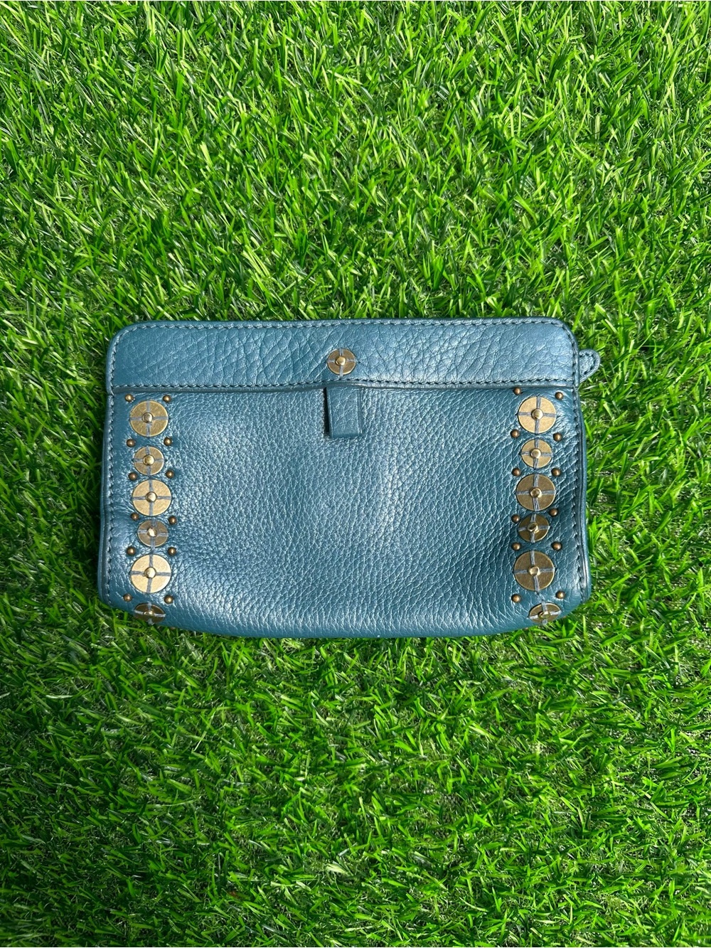 Cole Haan Slate Blue Studded Leather Magnetic Pouch Clutch